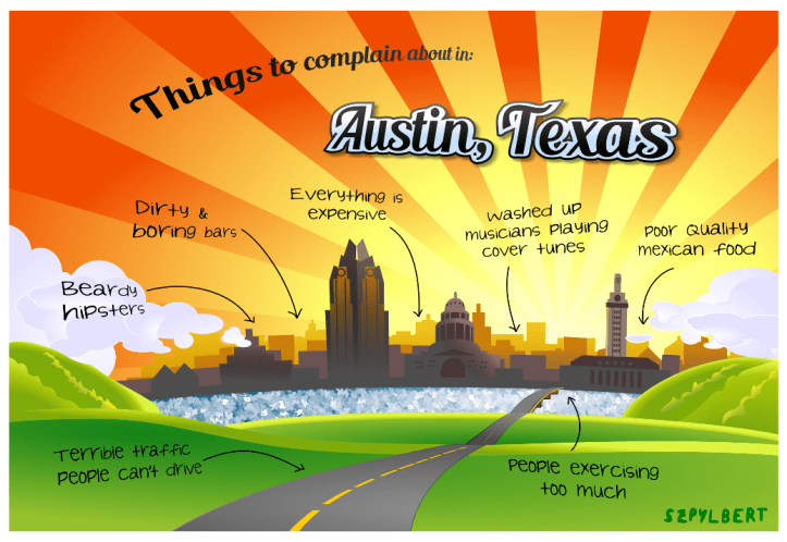 Szpylbert postcard about things to complain in Austin