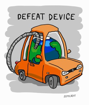 Szpylbert cartoon about car pollution and defeat devices