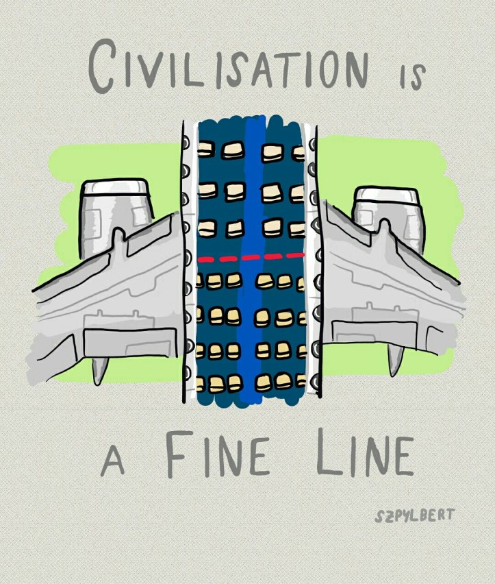 Szpylbert cartoon about the fine line of civilisation