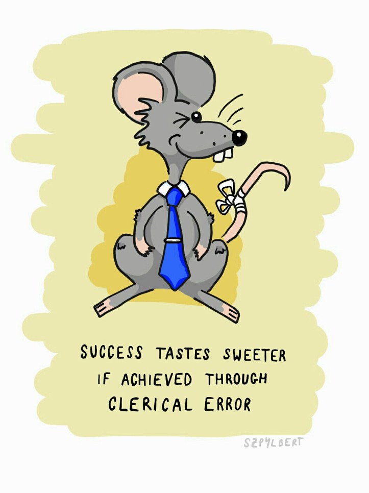 Szpylbert cartoon with Ferdinand about the importance of clerical error for success